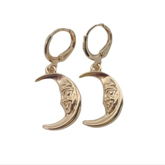 NWT Gold Colored Crescent Half Moon Drop Down Dangle Earrings - Picture 2 of 4